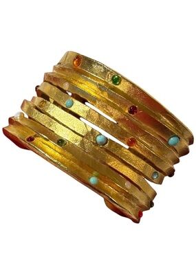 Vintage Cecile Jeanne Cuff Bracelet Gold Modernist Jewelry Paris 24K Gems Brass